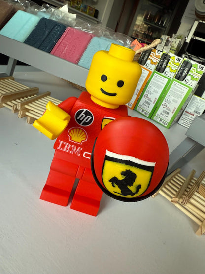 3D Printed Brick Man F1 Ferrari Team Figure with Helmet – 20cm Collectible