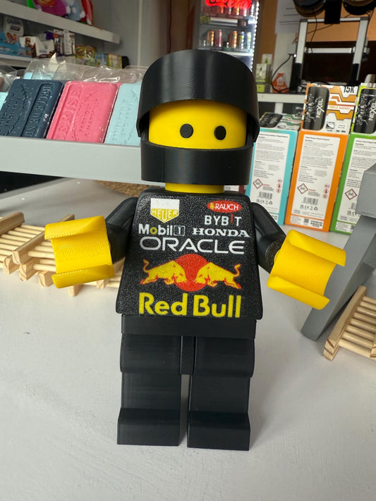 3D Printed Brick Man F1 Red Bull Team Figure with Helmet – 20cm Collectible