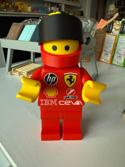 3D Printed Brick Man F1 Ferrari Team Figure with Helmet – 20cm Collectible