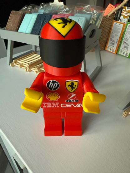 3D Printed Brick Man F1 Ferrari Team Figure with Helmet – 20cm Collectible