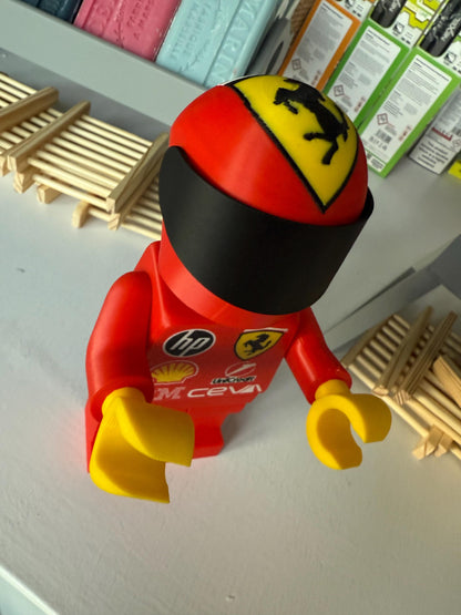 3D Printed Brick Man F1 Ferrari Team Figure with Helmet – 20cm Collectible