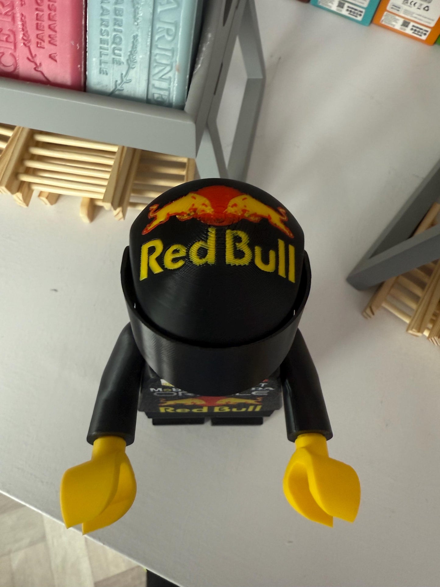 3D Printed Brick Man F1 Red Bull Team Figure with Helmet – 20cm Collectible