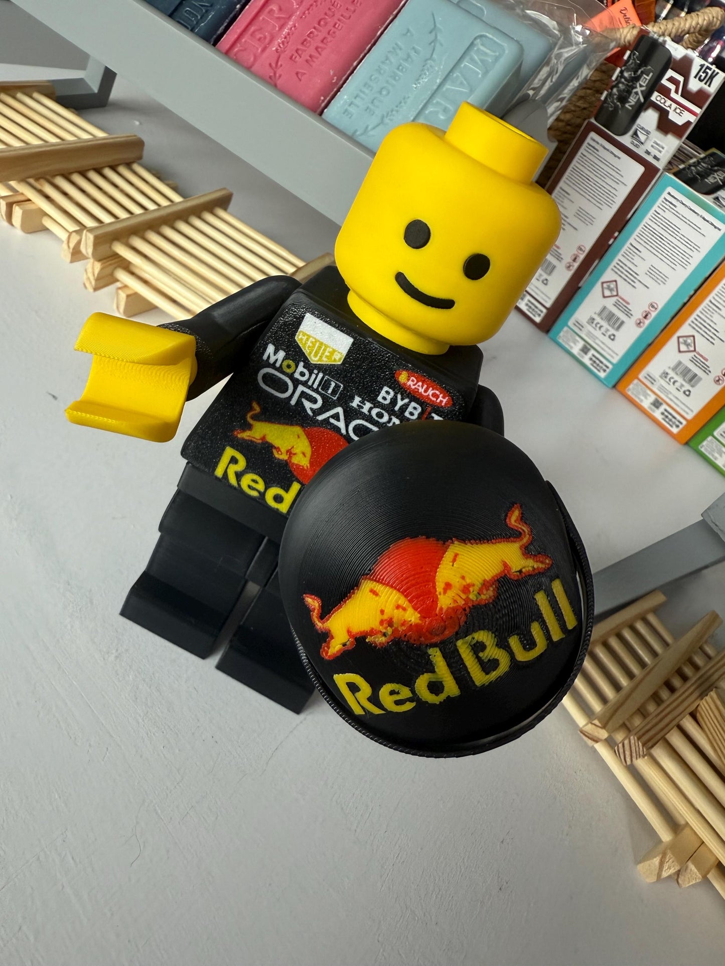 3D Printed Brick Man F1 Red Bull Team Figure with Helmet – 20cm Collectible