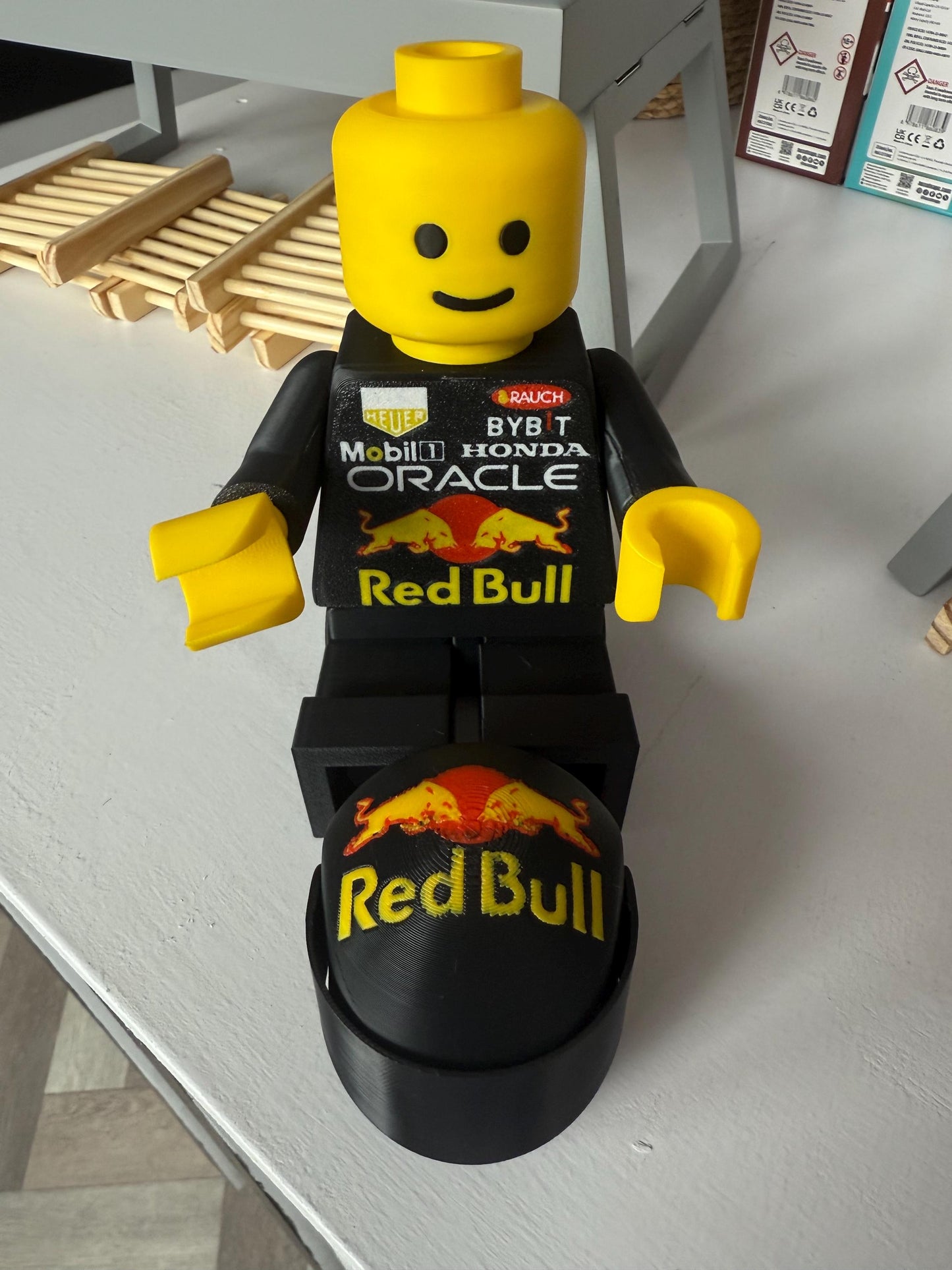 3D Printed Brick Man F1 Red Bull Team Figure with Helmet – 20cm Collectible