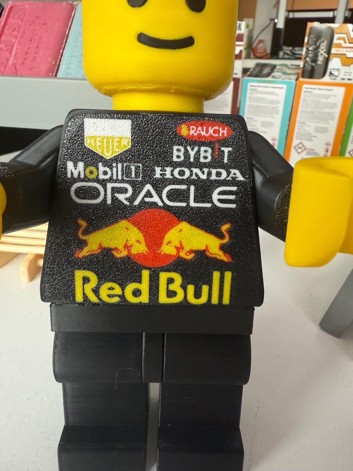 3D Printed Brick Man F1 Red Bull Team Figure with Helmet – 20cm Collectible
