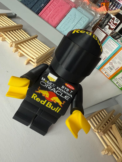 3D Printed Brick Man F1 Red Bull Team Figure with Helmet – 20cm Collectible