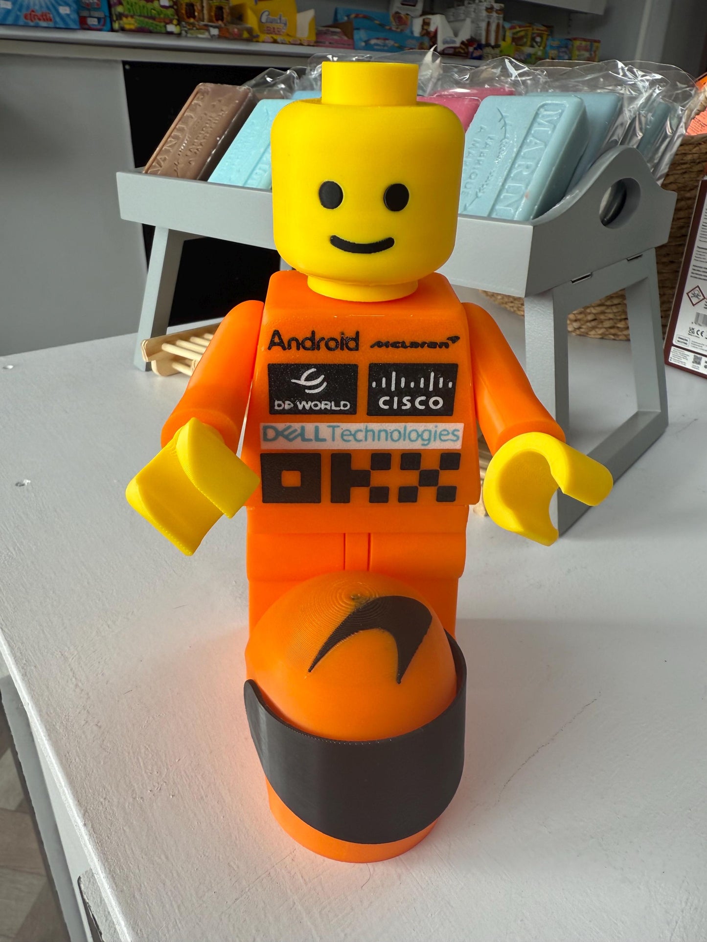 3D Printed Brick Man F1 McLaren Team Figure with Helmet – 20cm Collectible