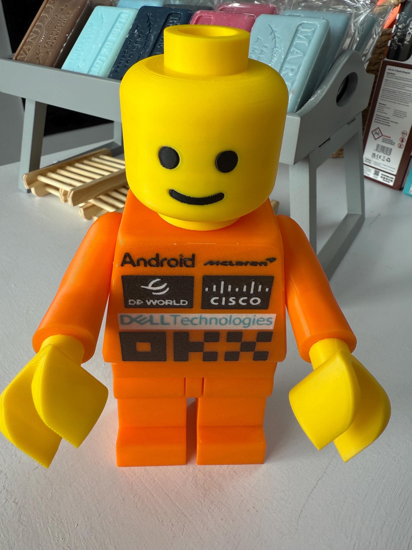 3D Printed Brick Man F1 McLaren Team Figure with Helmet – 20cm Collectible