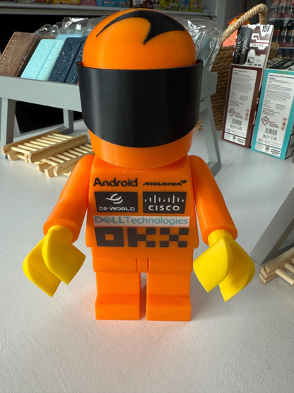 3D Printed Brick Man F1 McLaren Team Figure with Helmet – 20cm Collectible