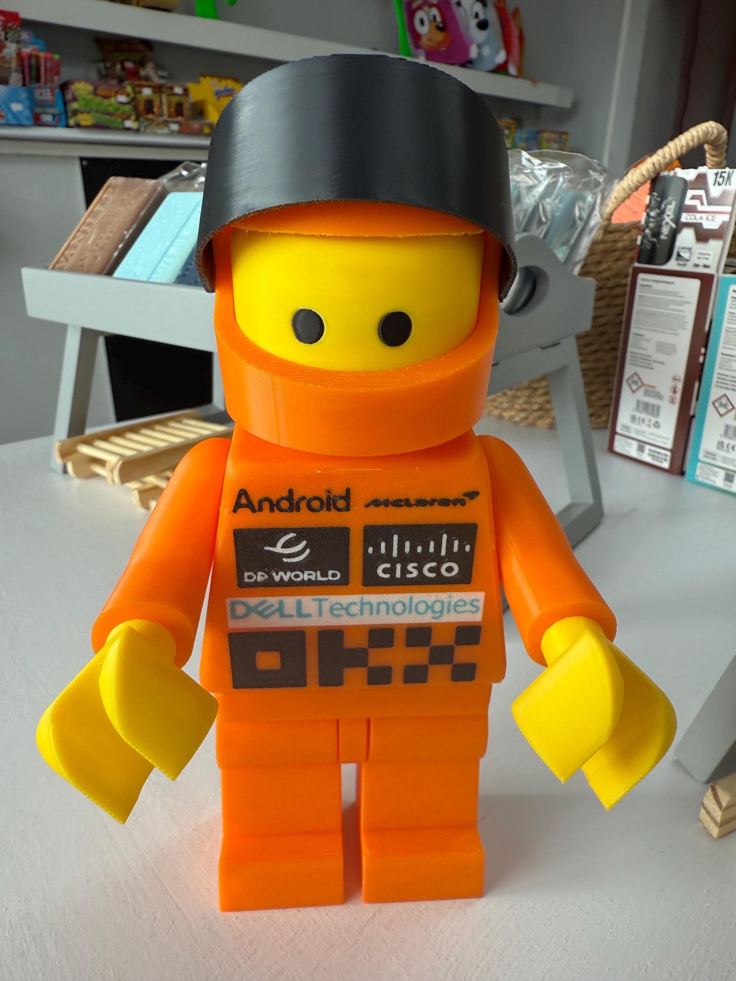 3D Printed Brick Man F1 McLaren Team Figure with Helmet – 20cm Collectible
