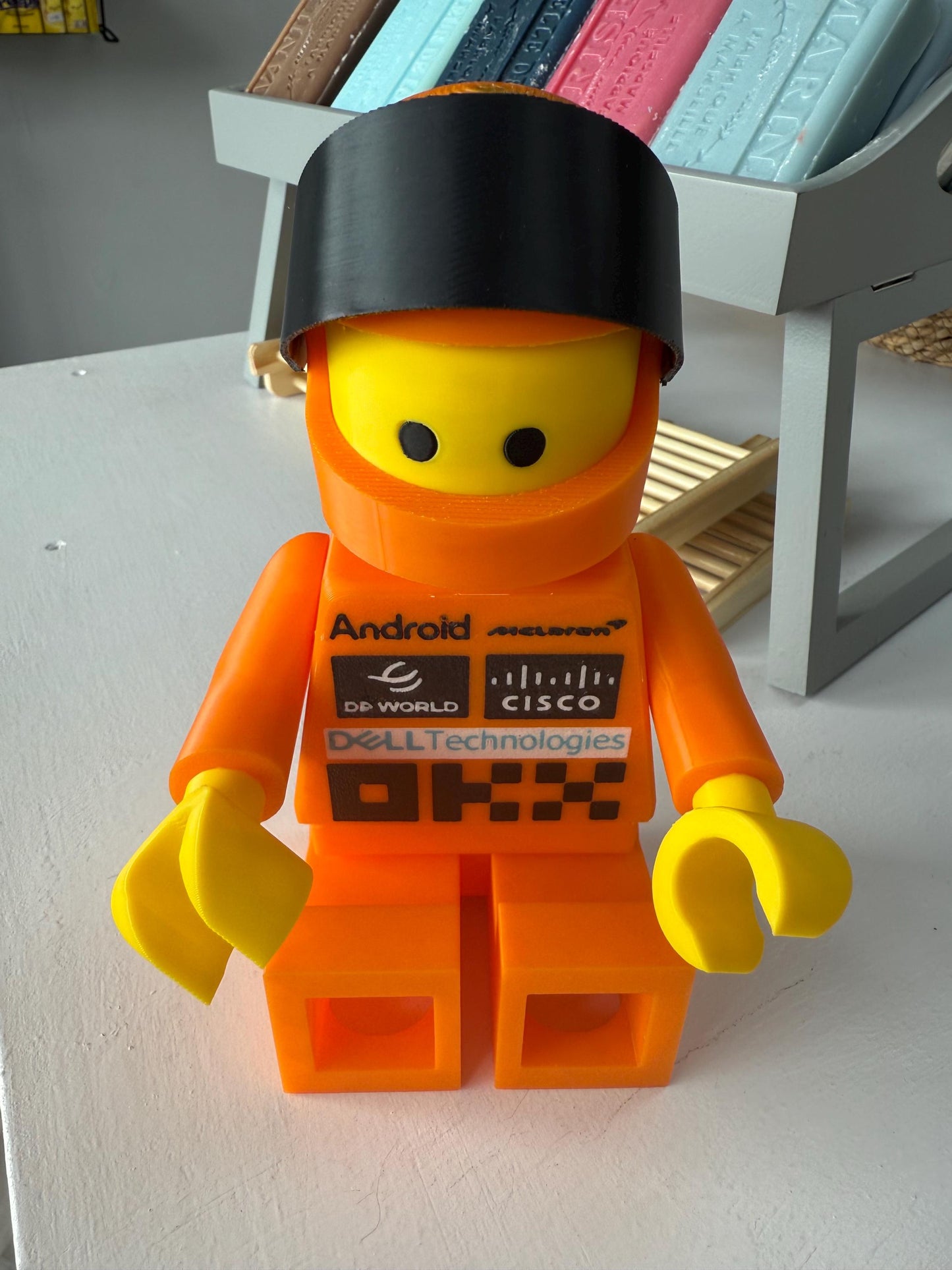 3D Printed Brick Man F1 McLaren Team Figure with Helmet – 20cm Collectible